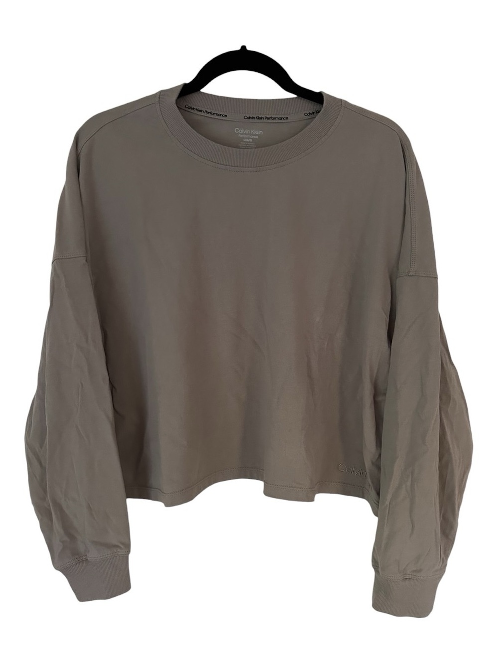 Calvin Klein Performance Cropped Crewneck Long Sleeve Tee in Grey Beige